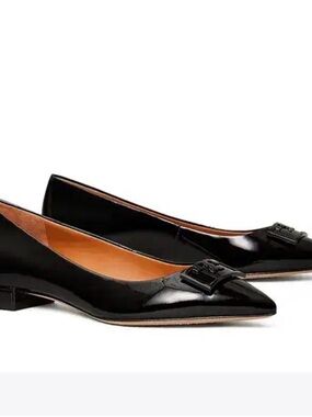 Tory Burch Gigi 20mm Black Pointy Toe Flats Black Patent Leather Size 6 EUC